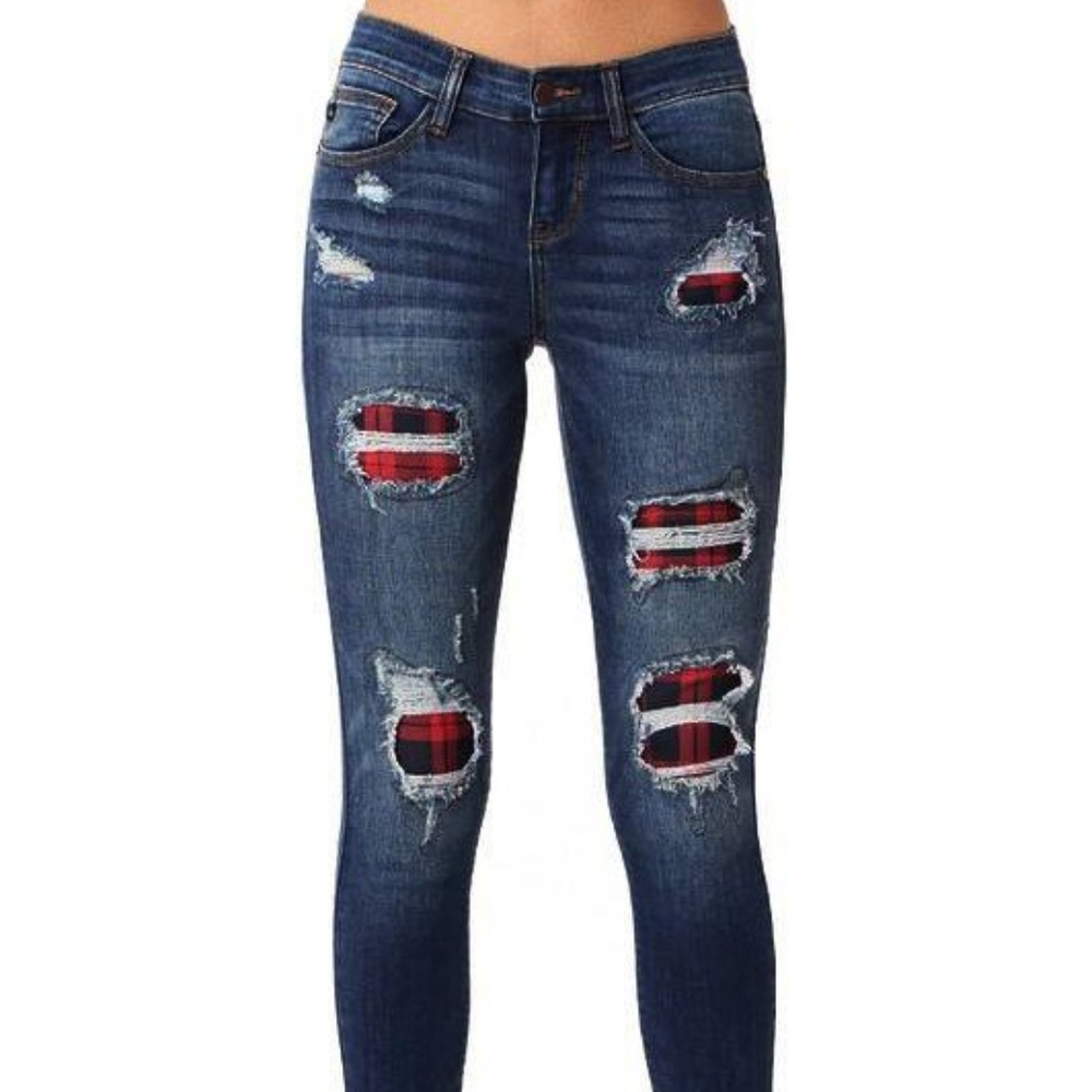 Judy Blue Red Plaid Patch Jeans